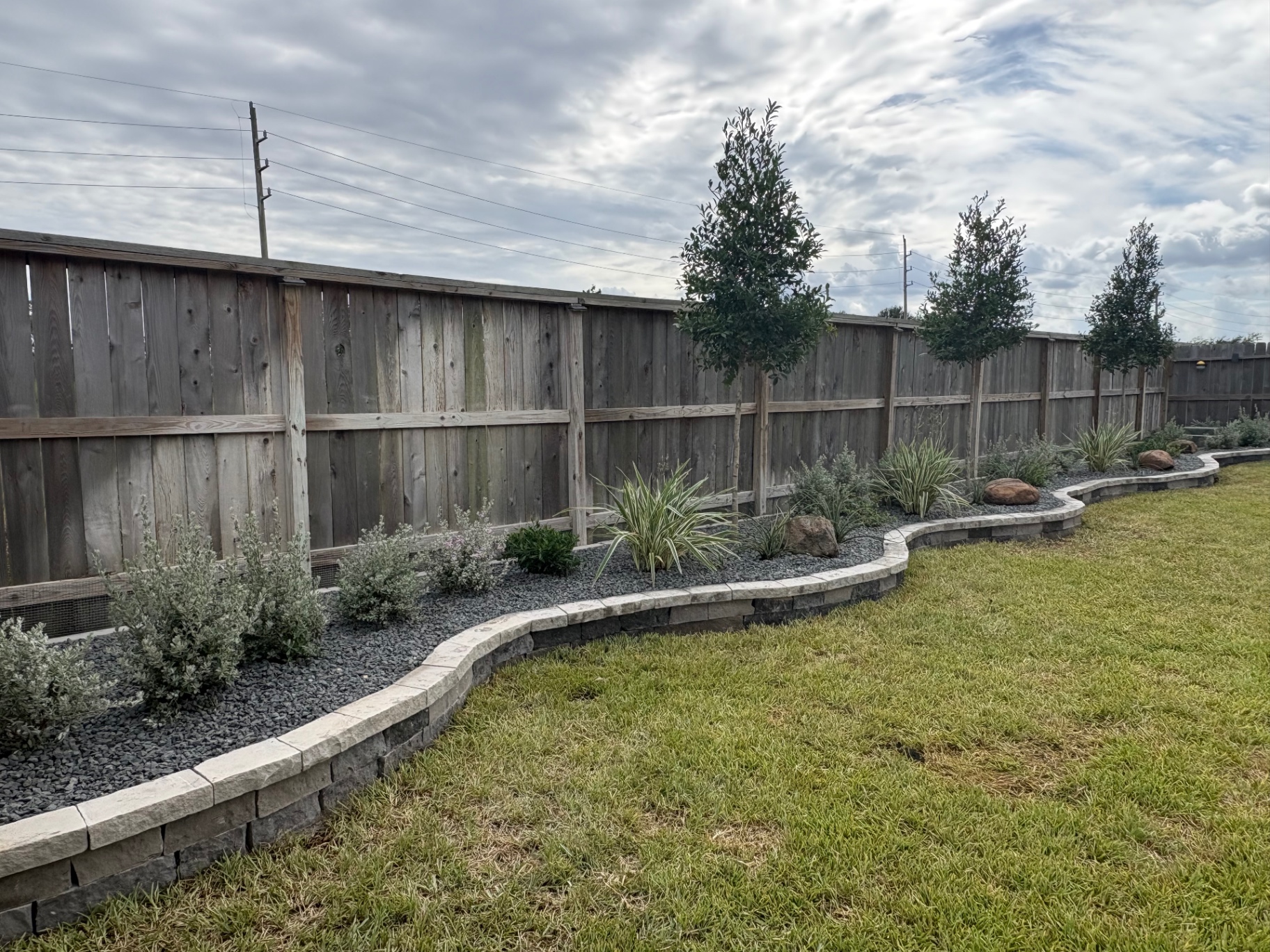 Curved raised stone border framing a dark gravel bed with new plants and young trees along a wooden fence
